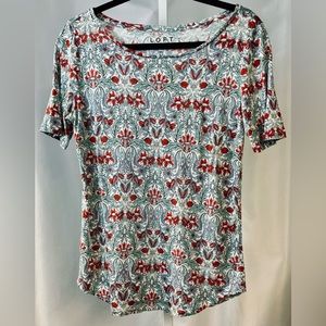 LOFT 100% Linen Floral Tee Womens XS Scoop Neck‎ Gray & Red Short Sleeve Top
